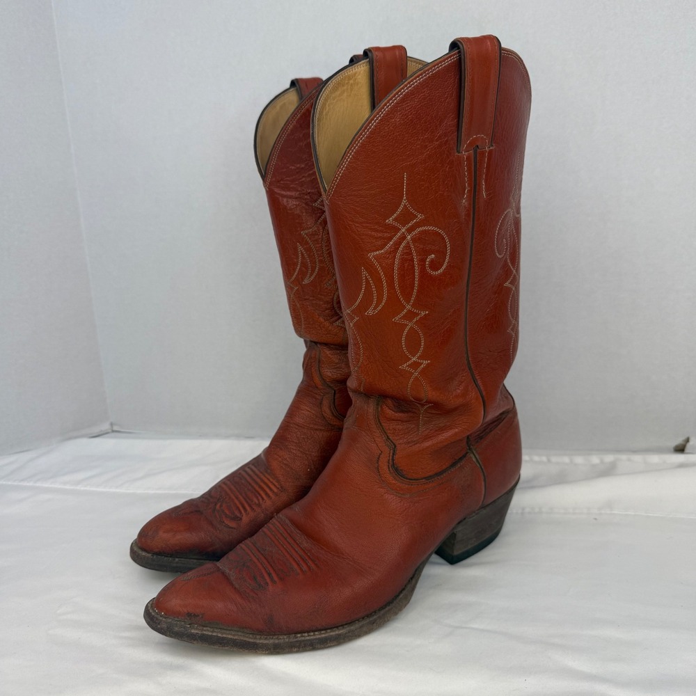 Justin Vintage Mens Cowboy Boots Reddish Brown Leather Western Pointed Toe 9D - Picture 4 of 12